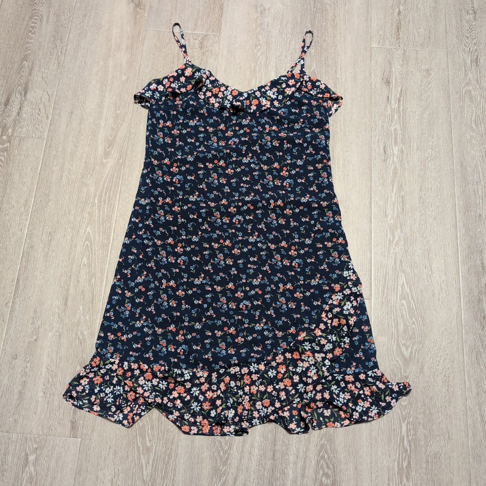 Michael Kors Georgette Floral Mini Slip Dress Womens XS Blue Ruffle Garden Flowt